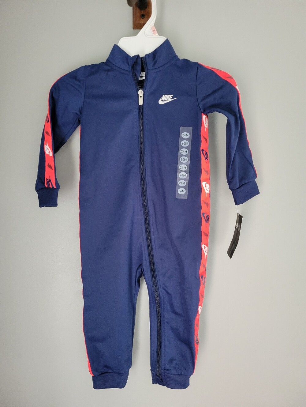 NWT Nike Baby Size 24M One-Piece Coverall Full Zip Long Sleeve Logo Blue/Red